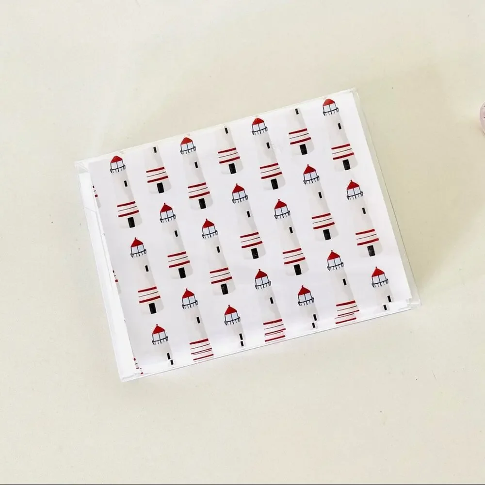 NEW ANTHROPOLOGIE White Red Illustrated Lighthouses Nautical Card Notecards s/10
